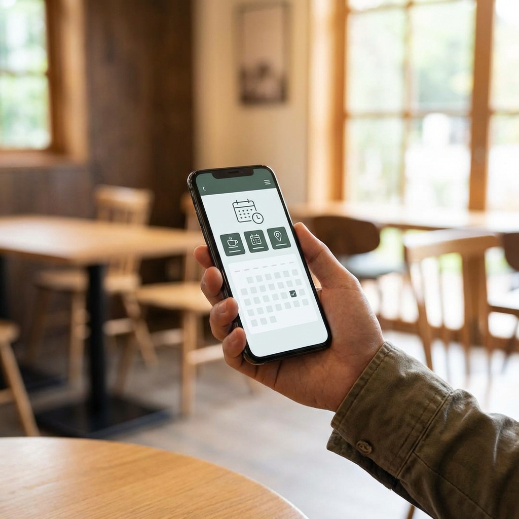 A hand holding a smartphone showing a reservation interface for a store, clean UI design, soft indoor lighting, lifestyle photography, 1:1 aspect ratio, no visible text