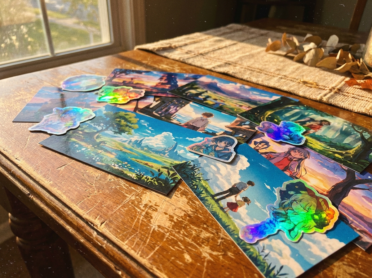Colorful anime postcards and holographic stickers arranged on a wooden table, warm sunlight, artistic rendering, textured background, 4:3 aspect ratio, no visible text