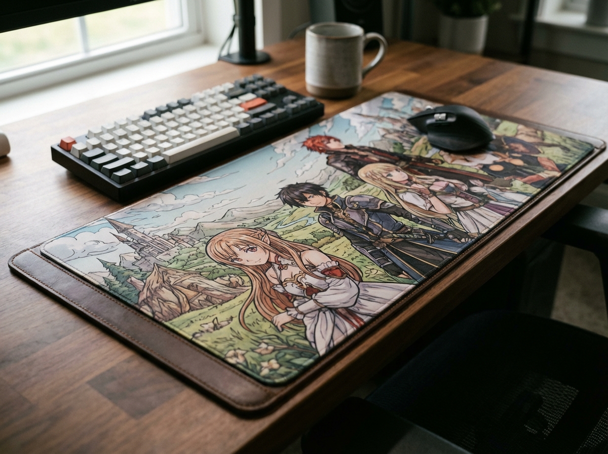 Close-up shot of a high-quality desk mat with intricate anime character illustrations, office setup, professional photography, 4:3 aspect ratio, no visible text