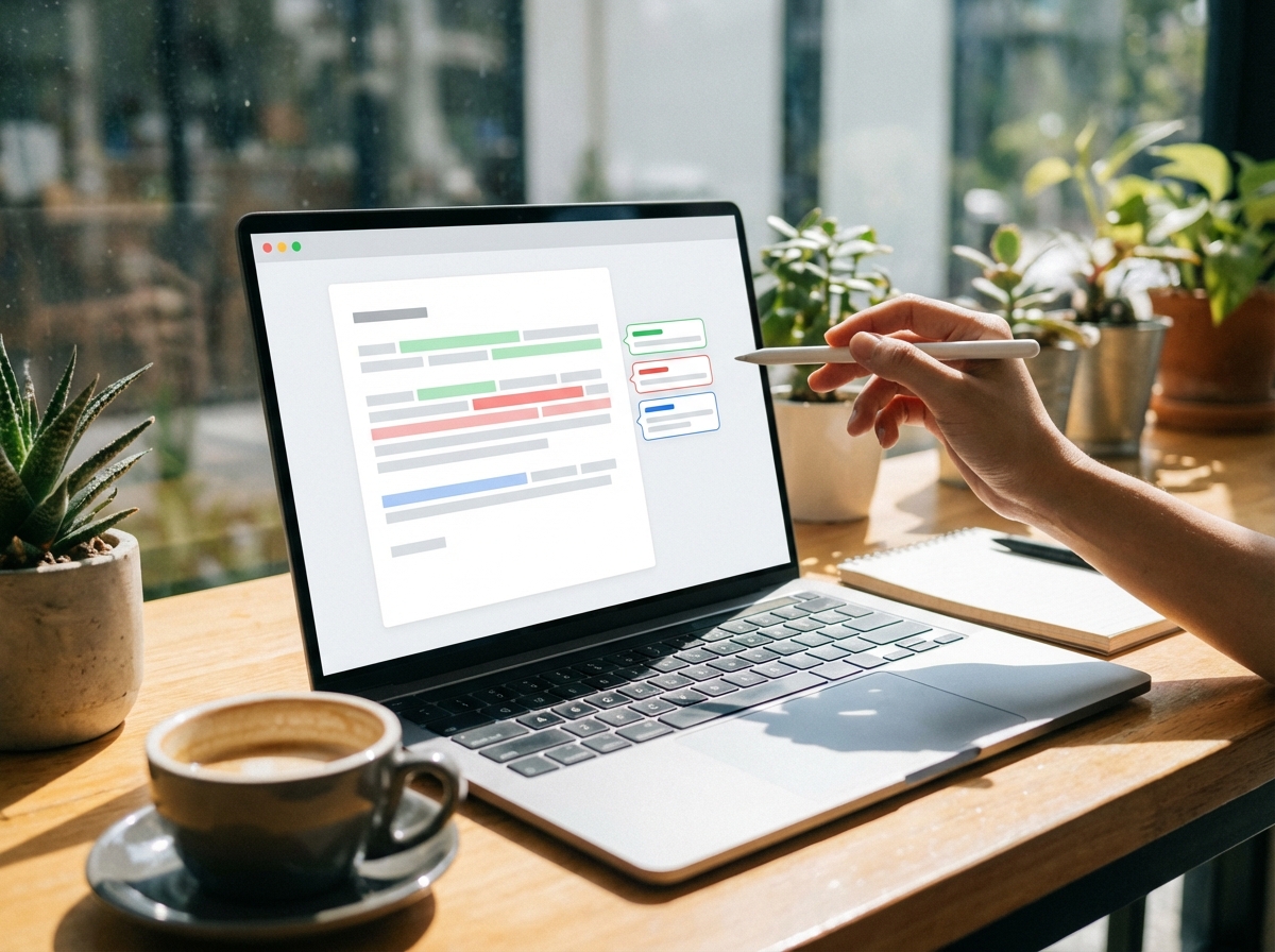 A clean and modern laptop screen displaying an AI-powered English grammar correction interface. The UI shows highlighted text with suggestions for improvement. High-quality lifestyle photography, natural lighting, 4:3 aspect ratio, no text on screen.