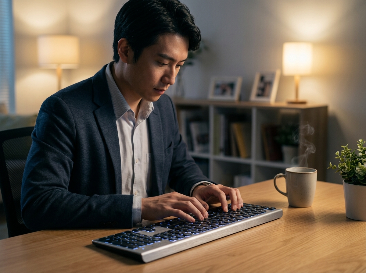 A professional person focused on typing an English business email on a sleek keyboard. Warm office lighting, coffee cup on the side, cozy atmosphere. High-quality photography, 4:3 aspect ratio, no visible text.