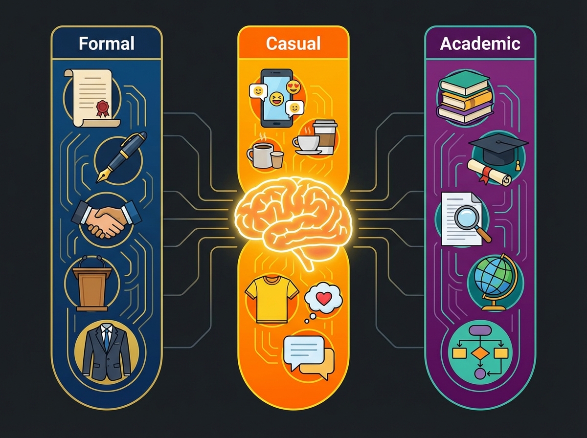 A conceptual illustration showing different writing styles like formal, casual, and academic. Clean infographic style with vibrant colors and icons representing communication. High contrast, modern layout, 4:3 aspect ratio, no text.