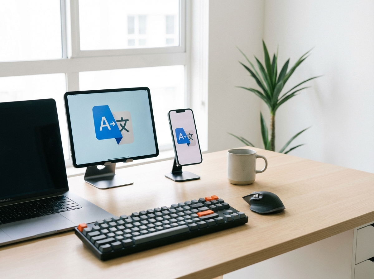A high-tech desk setup with a tablet and smartphone showing translation app icons. Minimalist background, bright lighting, professional feel. Lifestyle photography, 4:3 aspect ratio, no text.