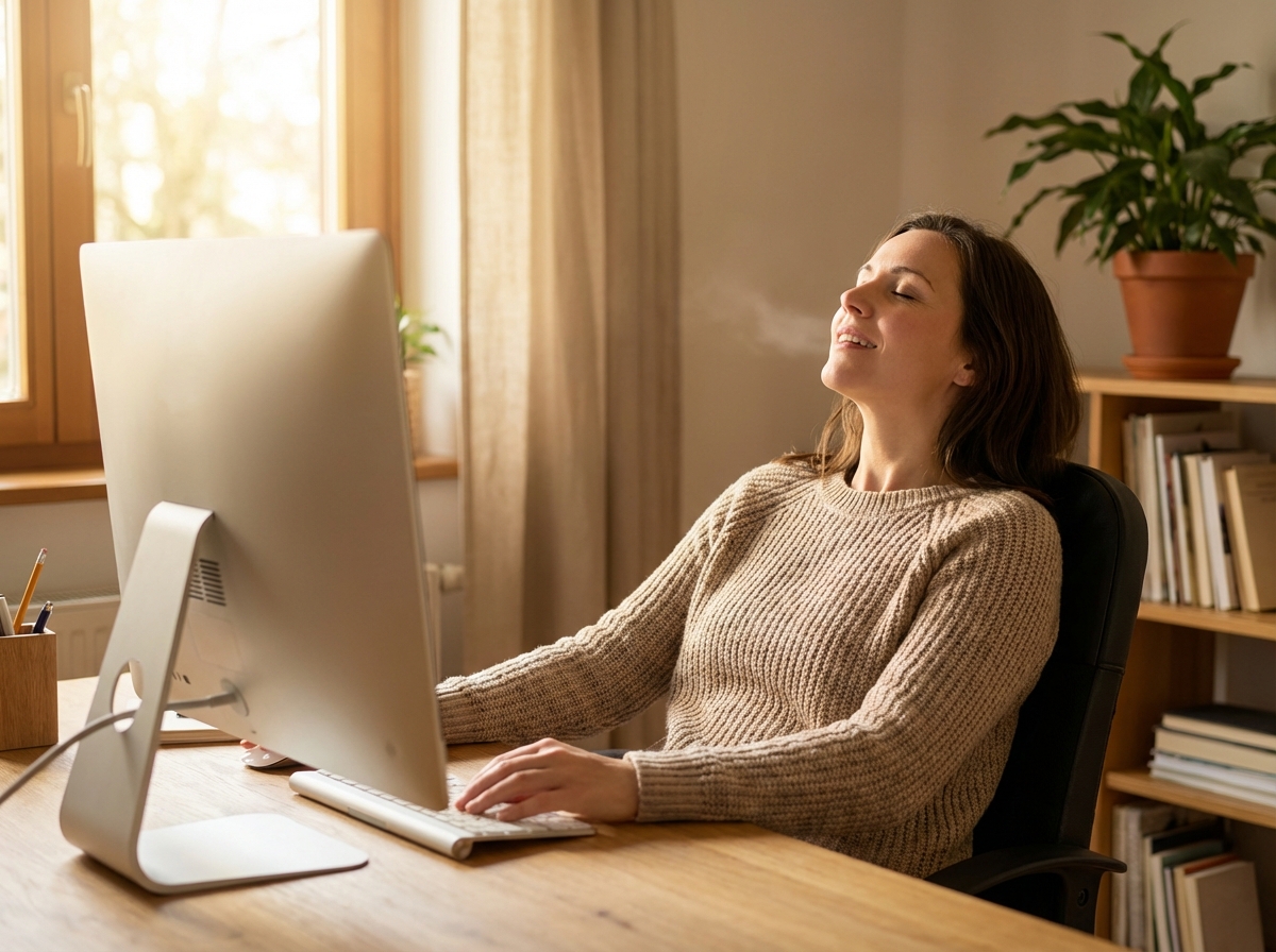A person looking at a computer monitor with a satisfied and relieved expression after completing a task. Soft sunlight coming through the window, natural and warm tones. Realistic photography, 4:3 aspect ratio, no text.