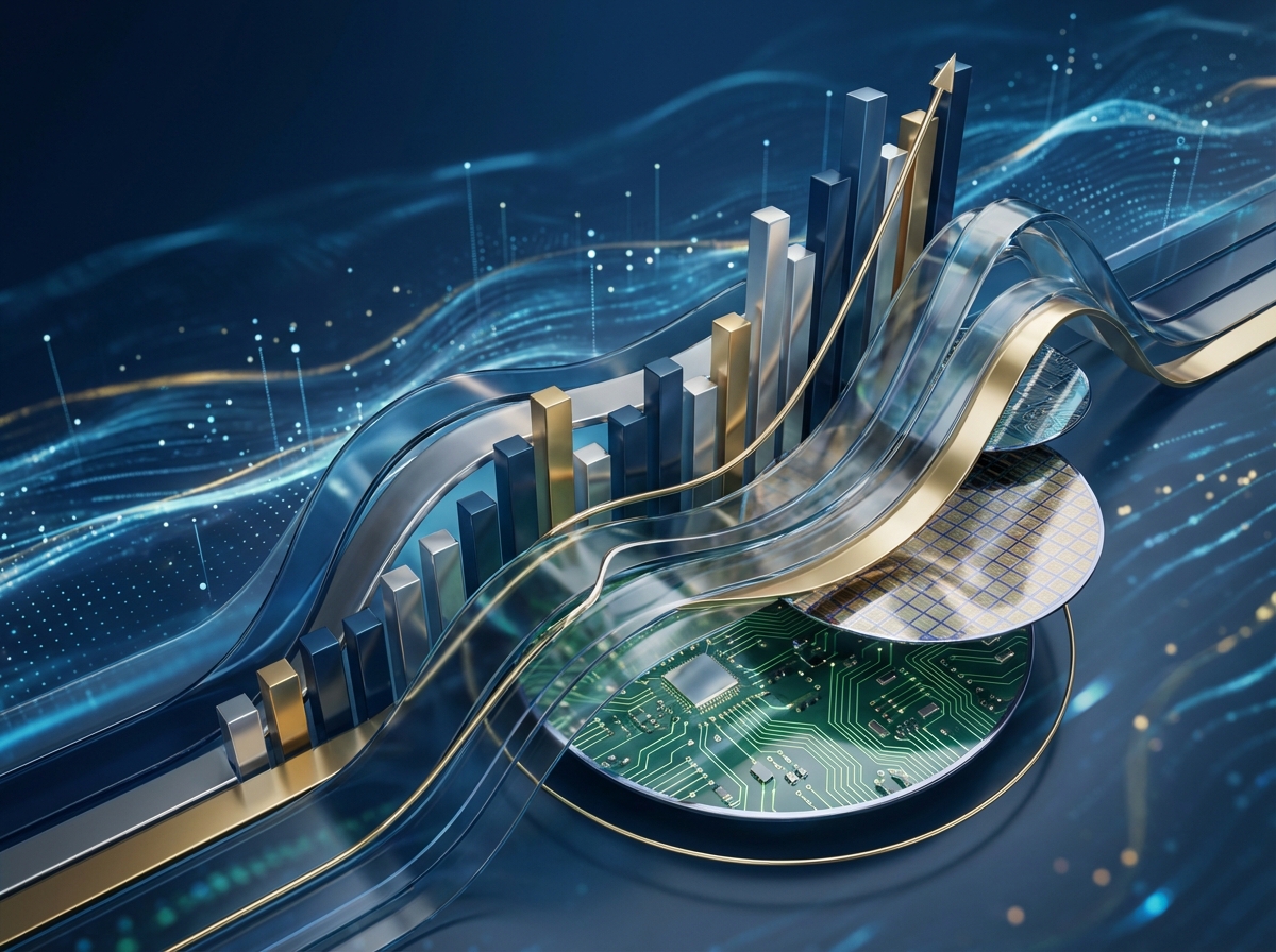 Modern abstract 3D visualization of rising financial charts and semiconductor wafers, professional look, 4:3, no text