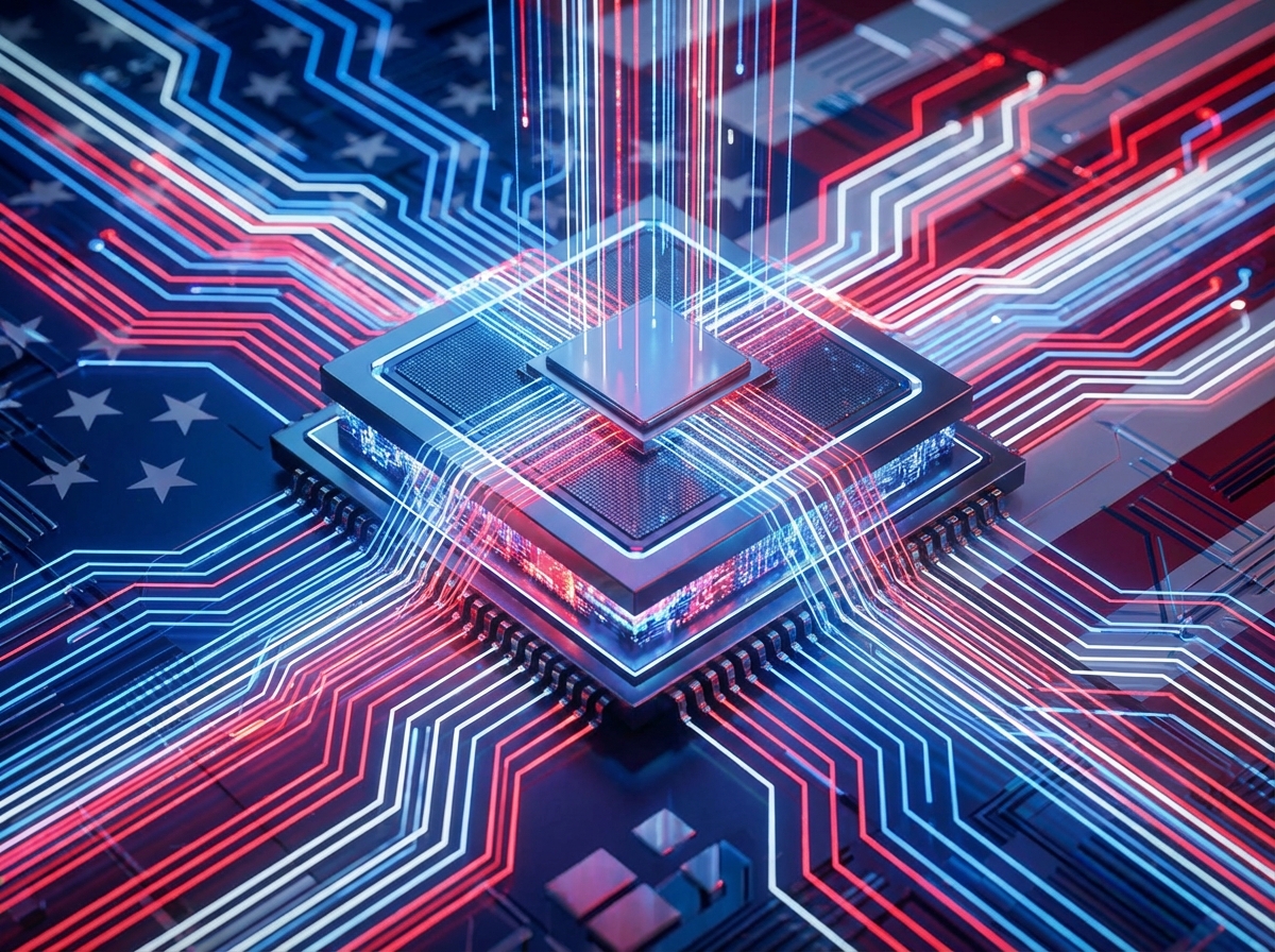 futuristic semiconductor chip integrated circuit design with american flag colors background, digital technology aesthetic, high resolution, 4:3 ratio, no text