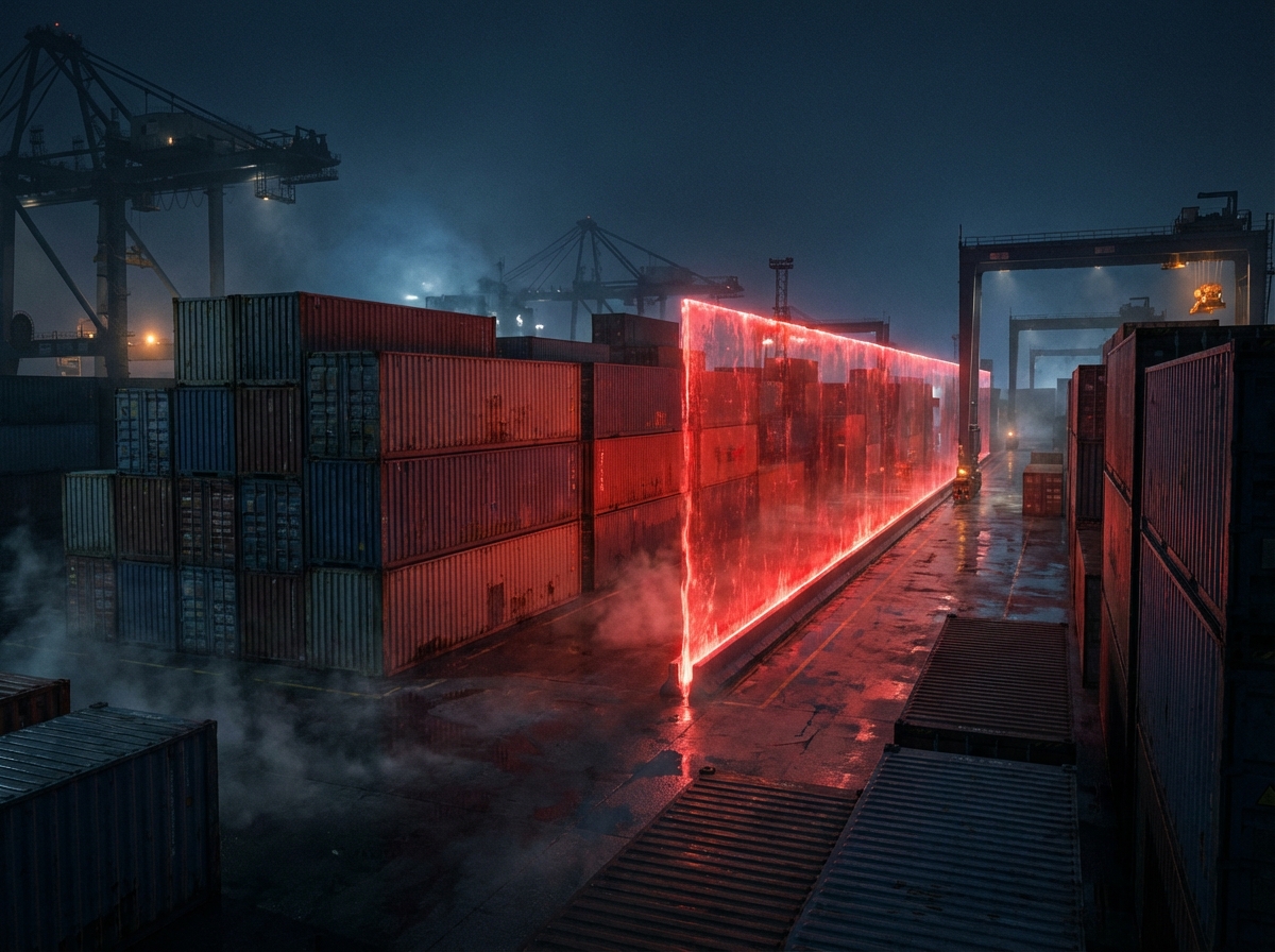 massive shipping containers at a dark port with a large glowing red barrier representing tariff, industrial atmosphere, cinematic lighting, 4:3 ratio, no text