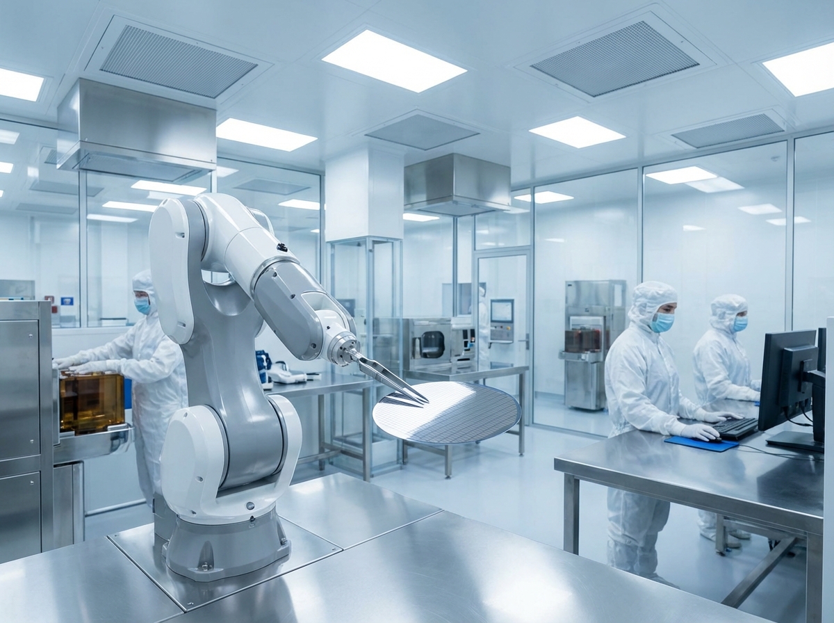 clean room interior with a robotic arm holding a silicon wafer, laboratory setting, modern technology, bright lighting, 4:3 ratio, no text
