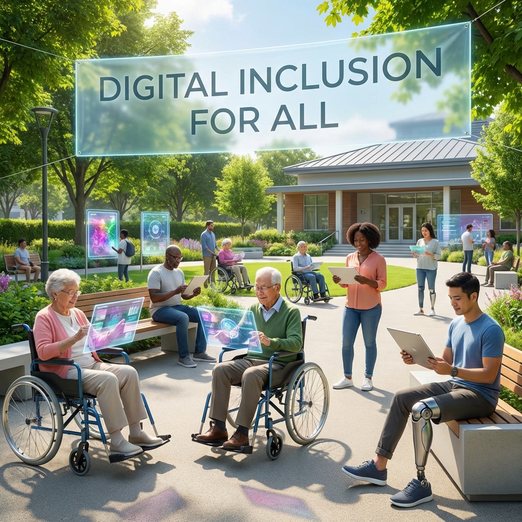 A diverse group of people including elderly and individuals with disabilities using futuristic AI tablets and transparent holographic screens in a bright friendly park setting, digital inclusion theme, high contrast, clean modern layout, 1:1