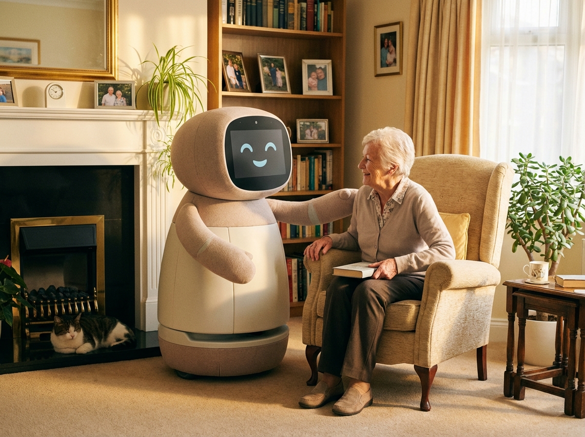 A friendly AI care robot assisting an elderly person in a cozy living room, warm lighting, lifestyle photography, natural interaction, 4:3