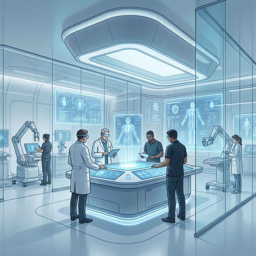 High-tech medical research facility, digital medical charts, doctors and tech engineers working together, sterile and advanced environment, artistic rendering, 1:1