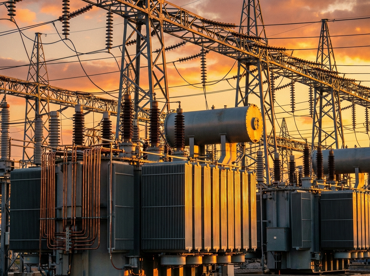 Massive industrial high-voltage transformers in a modern substation, intricate copper wiring and cooling fins, sunset lighting reflecting on metallic surfaces, realistic photography, 4:3, no text.