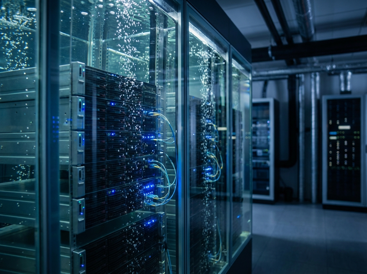 Close-up of high-performance server racks submerged in a clear cooling liquid with subtle bubbles, glowing blue LEDs, high-tech server room environment, 4:3, no text.