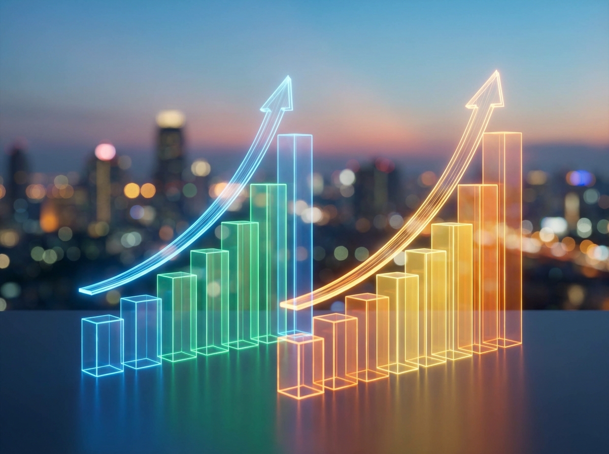 A 3D holographic bar chart showing upward growth trends of energy and tech sectors, glowing arrows pointing up, soft bokeh background of a modern city, 4:3, no text.