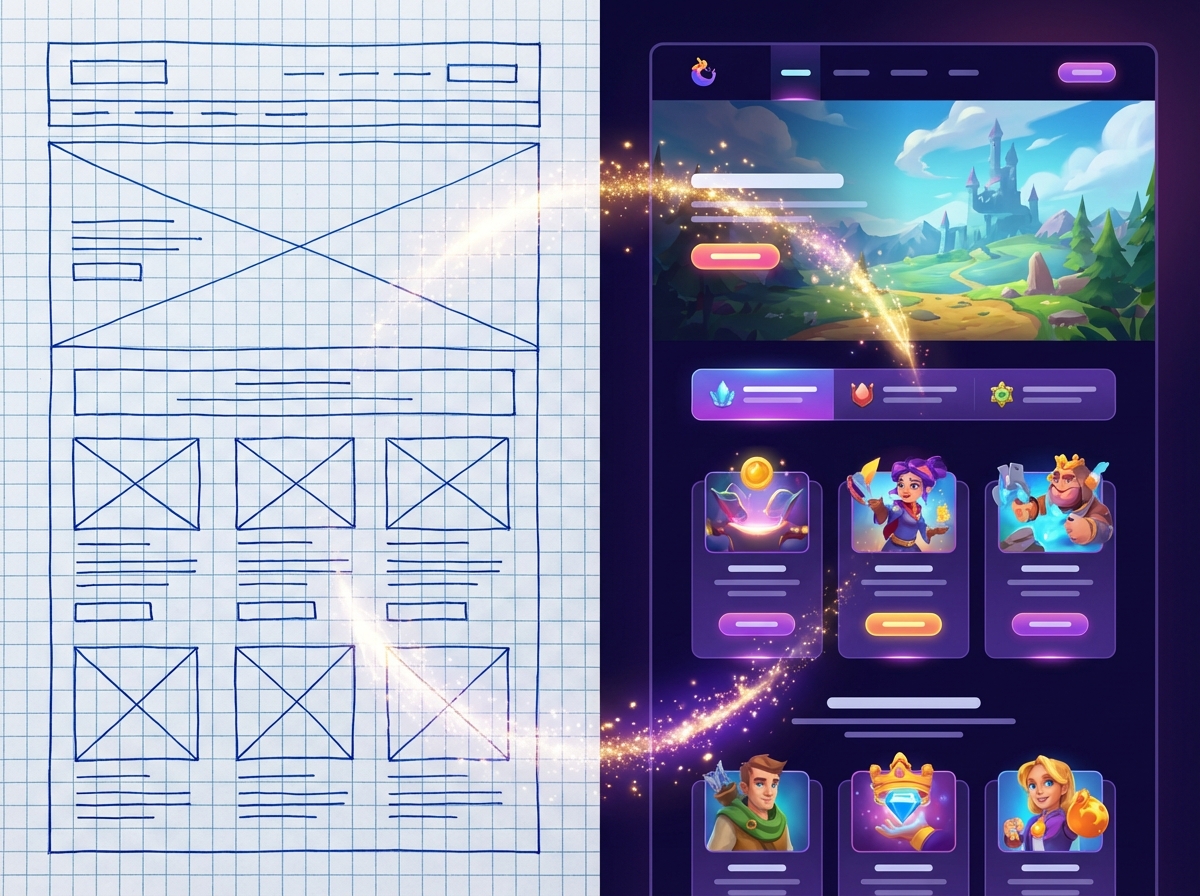 A split screen visualization showing a basic wireframe on the left and a polished vibrant web interface on the right, magical sparks connecting the two sides, professional UI design, 4:3, no text