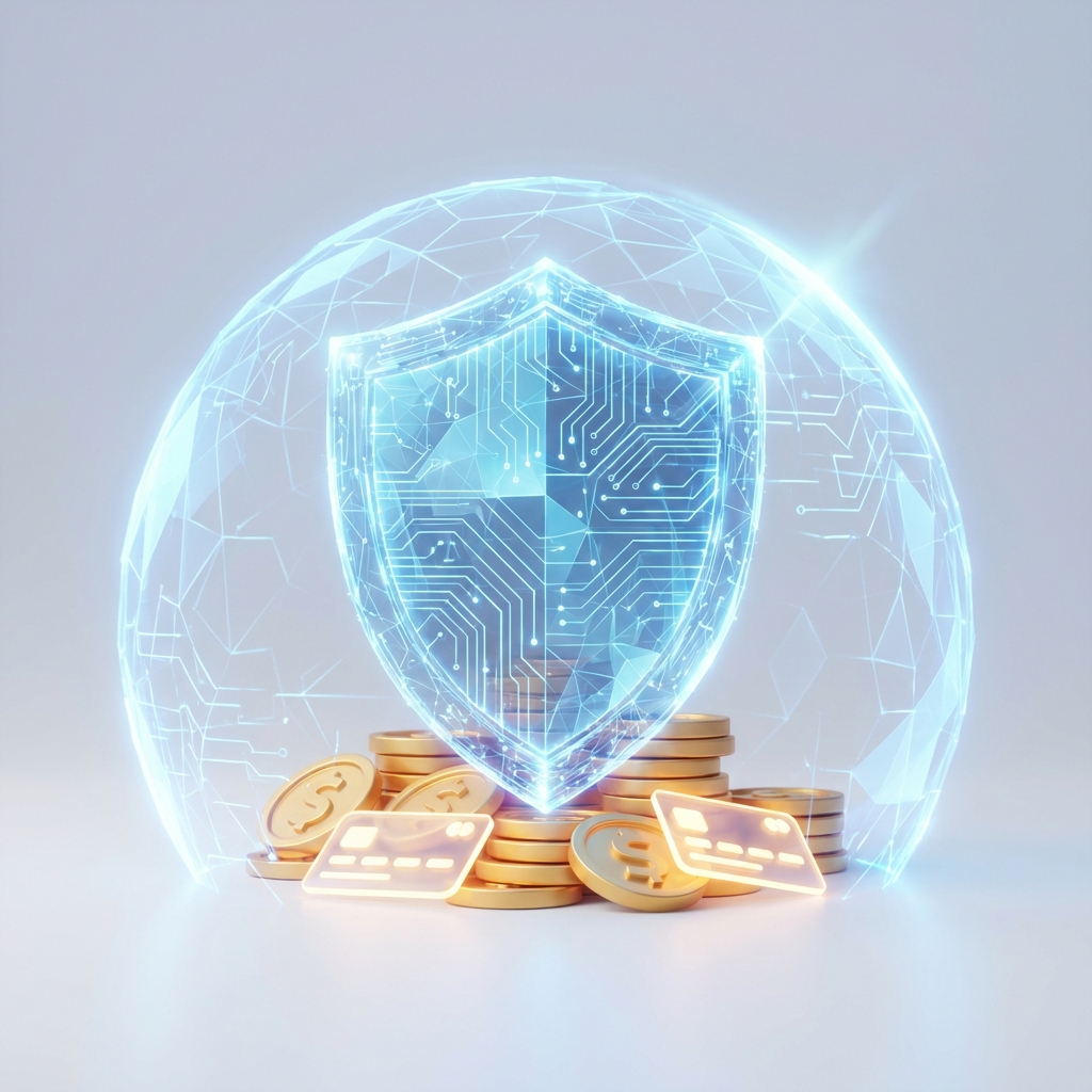 A symbolic illustration of a digital shield protecting gold coins or credits, glowing translucent blue shield, clean 3D rendering, minimal background, 1:1, no text