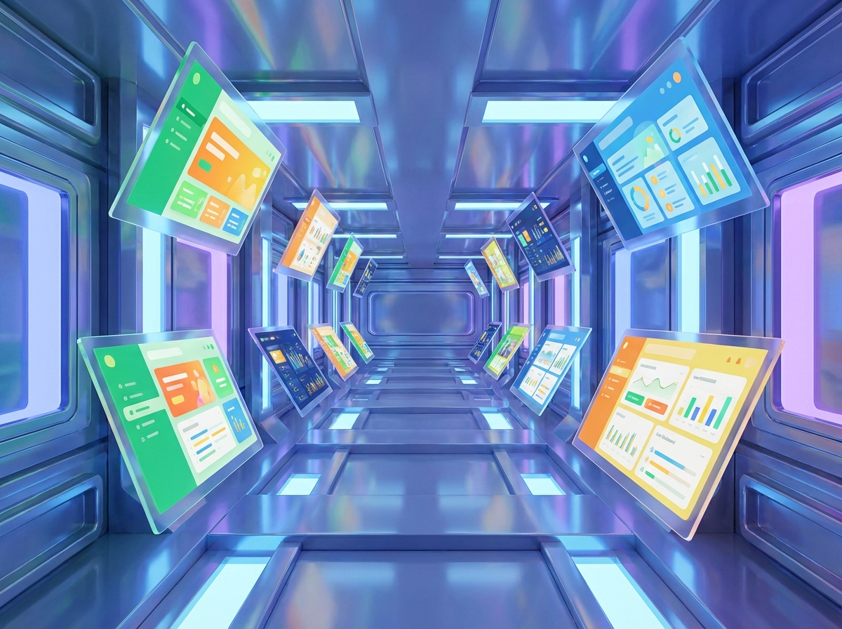 A digital gallery wall displaying various colorful web application screenshots, diverse layouts, glowing floating screens in a futuristic hall, 4:3, no text