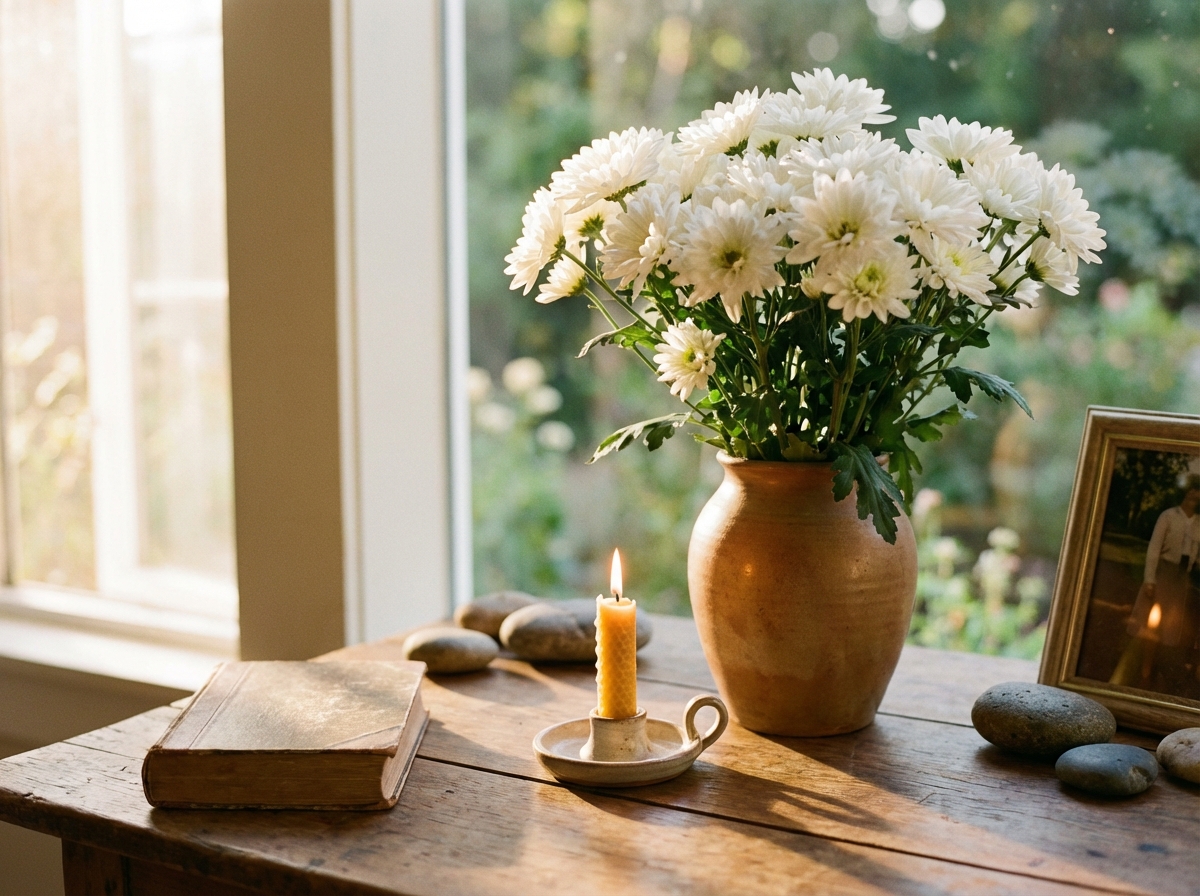 A warm and peaceful memorial scene with white chrysanthemums and a small candle on a wooden table, soft natural lighting, high quality, 4:3 ratio, no text