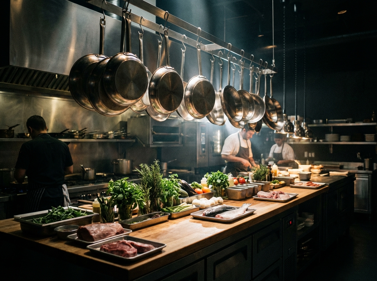 Professional kitchen setting with stainless steel pans and fresh ingredients, high contrast, clean layout, cinematic lighting, 4:3 ratio, no text