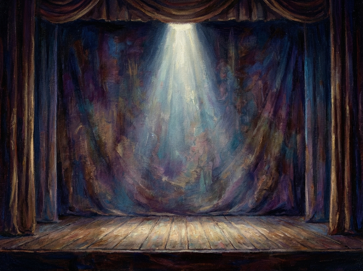 An empty theater stage with a single spotlight, artistic rendering, textured background, 4:3 ratio, no text