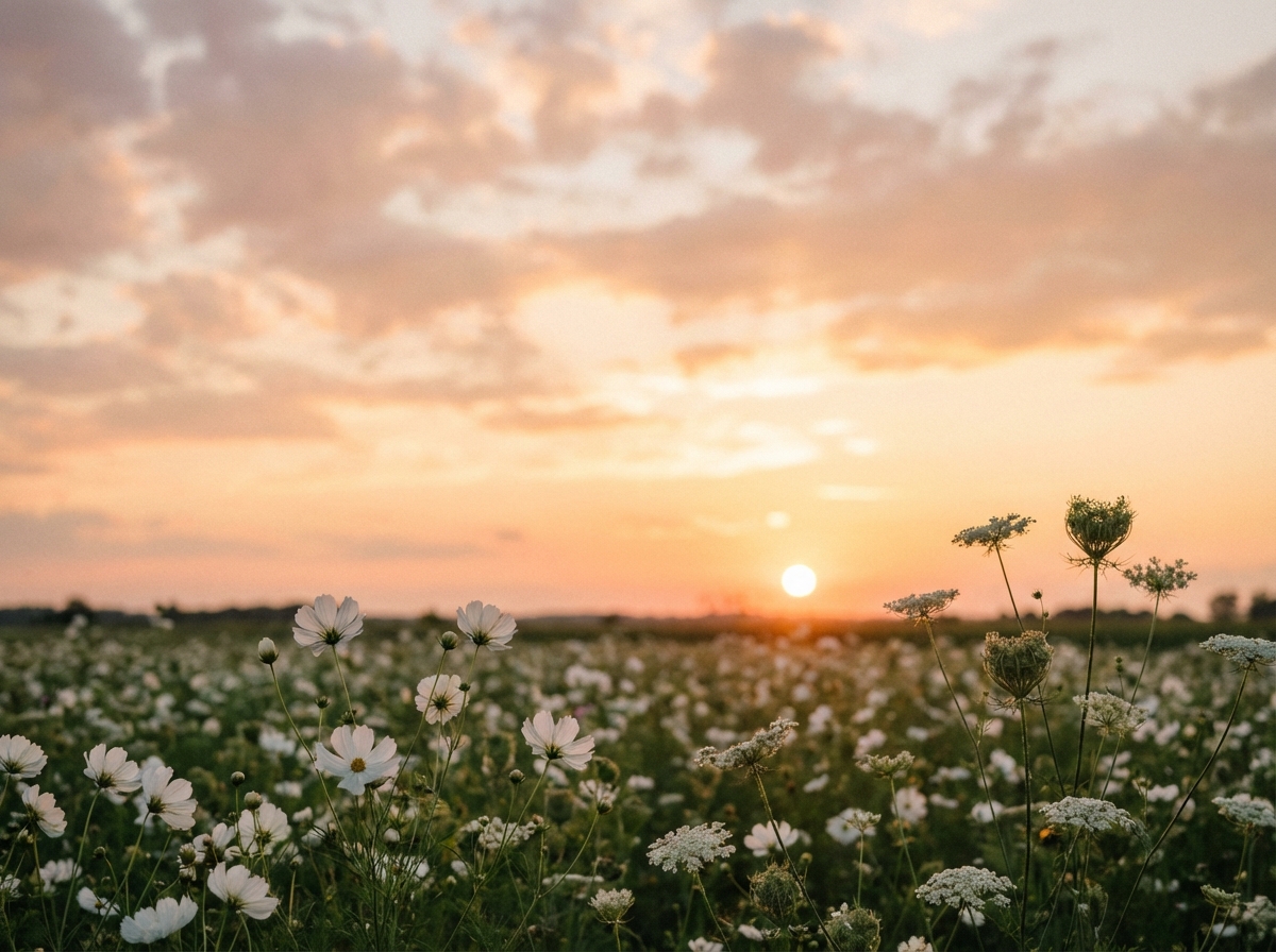 A serene sunset over a calm field of white flowers, soft clouds in the sky, peaceful and calm mood, cinematic photography, warm tones, 4:3 aspect ratio, no text.