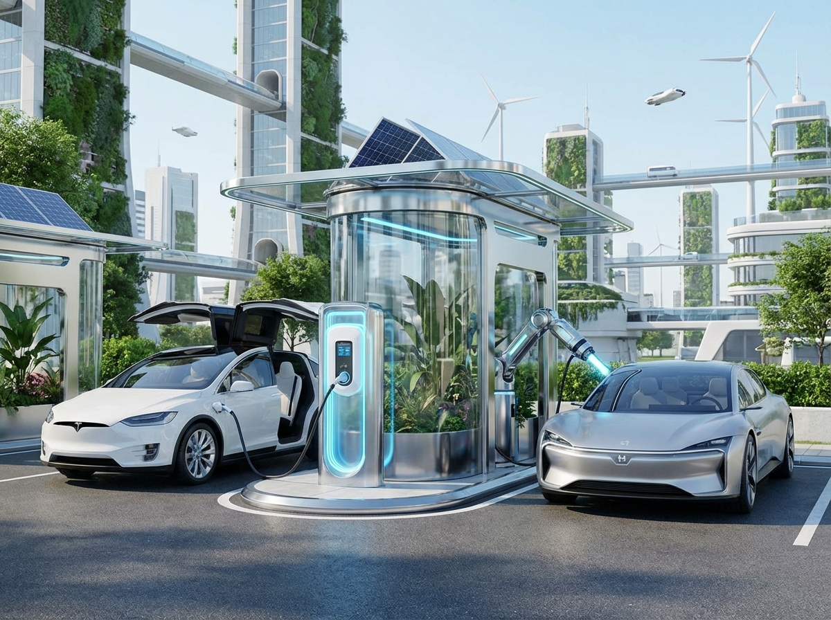 A high-tech futuristic scene showing an electric vehicle charging station and a hydrogen refueling station side by side. A sleek modern white electric car is plugged into a glowing charger, and a silver hydrogen car is being refueled with a nozzle. The background is a clean, eco-friendly city with green spaces and solar panels. Realistic lighting, 4:3 aspect ratio, no text.