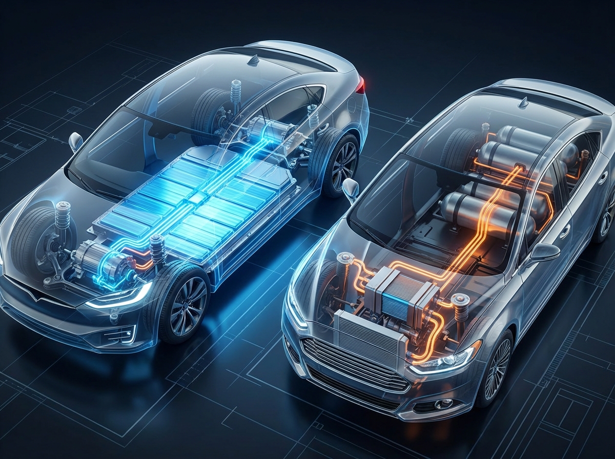 An artistic 3D cutaway illustration of two cars. One shows a large battery pack integrated into the chassis of an electric car. The other shows hydrogen storage tanks and a fuel cell system in a hydrogen vehicle. Soft blue and orange glow indicating energy flow. High contrast, modern layout, 4:3 aspect ratio, no text.