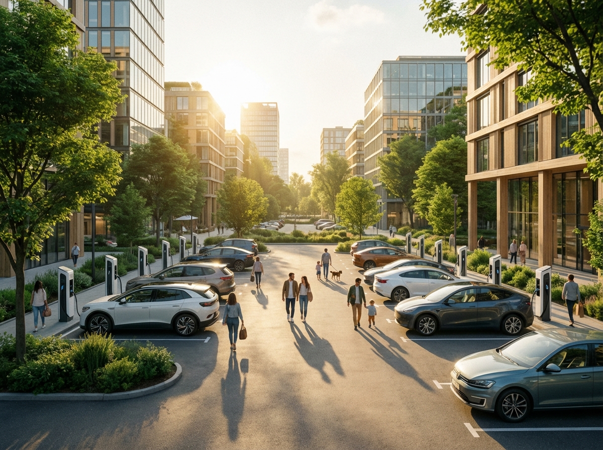 A wide shot of a modern city parking lot with multiple electric vehicle charging stations. People are naturally walking by, and green trees surround the area. Sunlight filters through buildings, creating a warm and clean atmosphere. Lifestyle photography, 4:3 aspect ratio, no text.