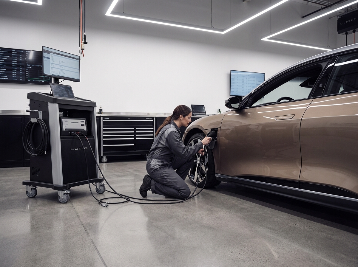 A professional mechanic inspecting a modern electric vehicle in a clean, bright, high-tech garage. Diagnostic tools are connected to the car. The lighting is balanced and professional. High contrast, realistic style, 4:3 aspect ratio, no text.