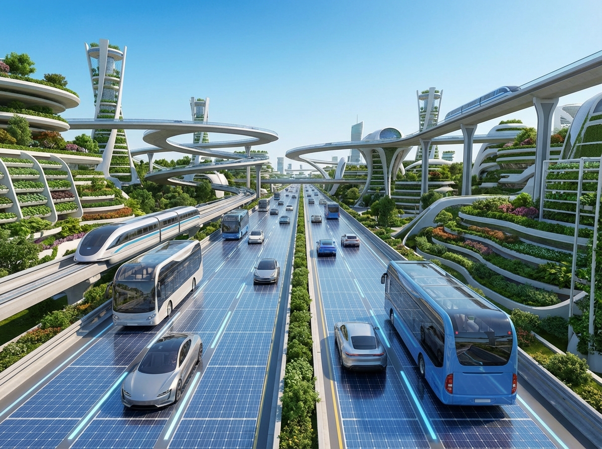 A wide-angle view of a futuristic highway with sleek electric cars and hydrogen buses driving smoothly under a clear blue sky. Modern infrastructure and green landscape on the sides. Bright and balanced lighting, detailed composition, 4:3 aspect ratio, no text.