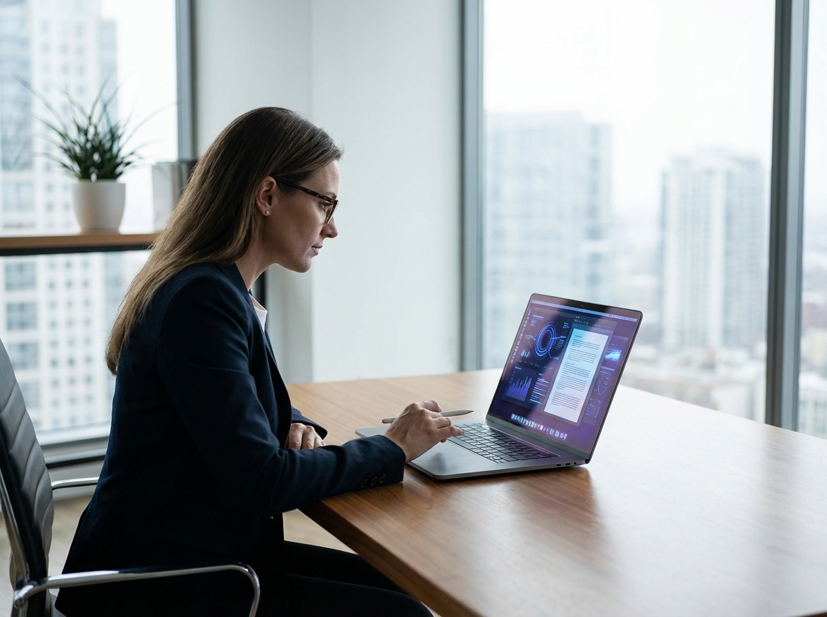 A professional person using a laptop to analyze a long digital document with an AI interface, clean modern office setting, soft lighting, high contrast, 4:3 aspect ratio, no visible text