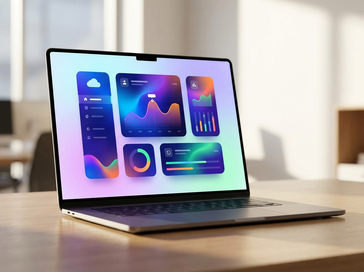 A sleek laptop screen showing a dashboard for cloud service subscriptions, vibrant gradient background, minimalist UI design, 4:3 aspect ratio, no visible text