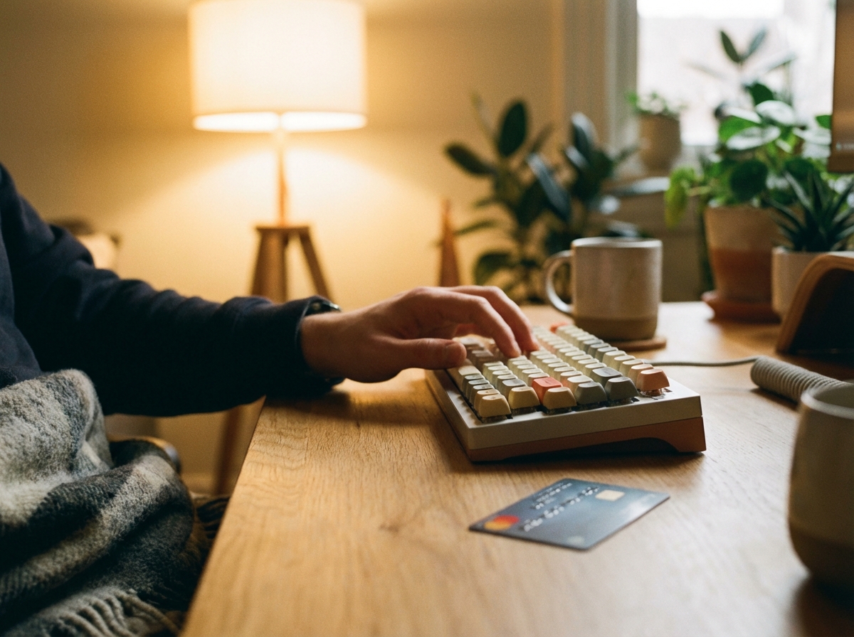 A close up shot of a hand typing on a mechanical keyboard with a credit card nearby, warm and cozy indoor lighting, lifestyle photography, 4:3 aspect ratio, no visible text