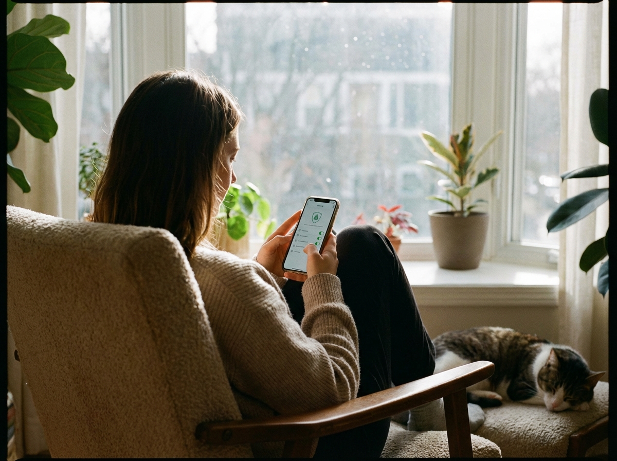 A person holding a smartphone to check security settings, natural daylight coming through a window, relaxed atmosphere, 4:3 aspect ratio, no visible text