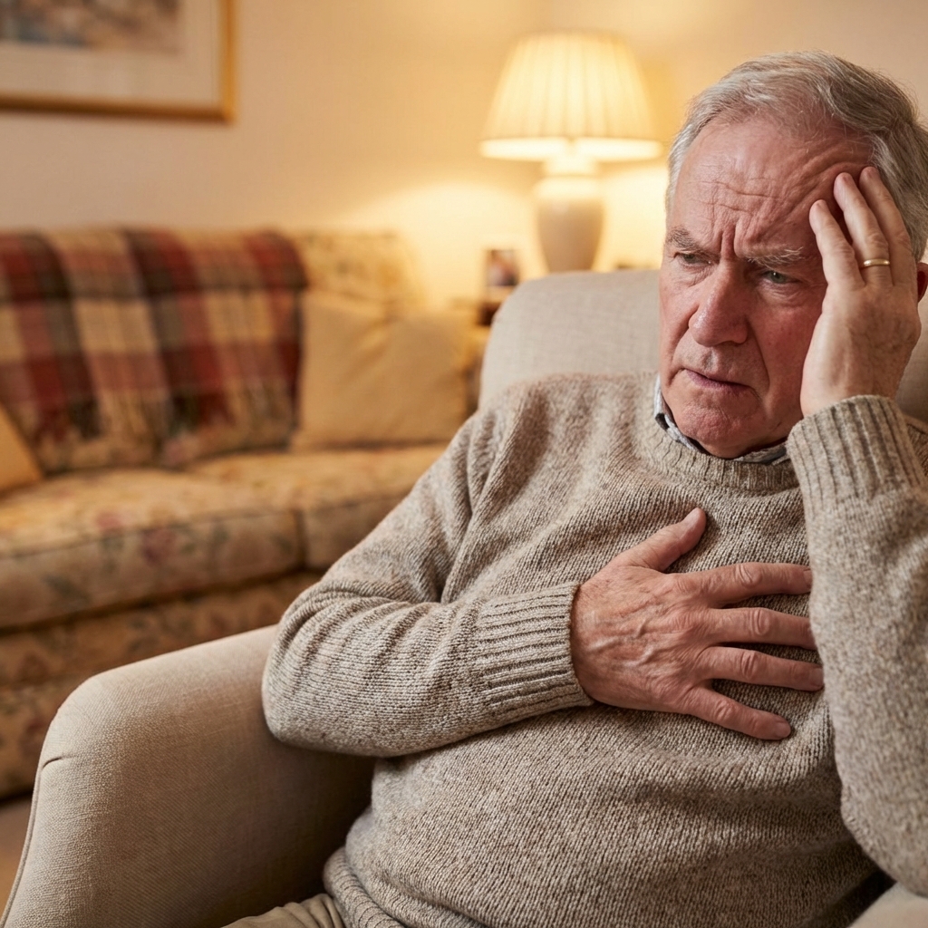 A realistic illustration of a person feeling dizzy and clutching their chest, representing symptoms of cardiac arrest. The background is a soft, blurred living room setting with warm lighting. Focus on the facial expression of concern and the physical gesture. No text, high quality rendering. 1:1 aspect ratio.