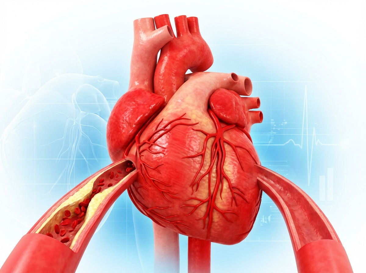 A detailed medical 3D rendering of a human heart focusing on the coronary arteries. One section of the artery is shown with a buildup of plaque narrowing the blood flow. Vibrant red colors for the heart and blood, with a clean scientific background. No text, 4:3 aspect ratio.