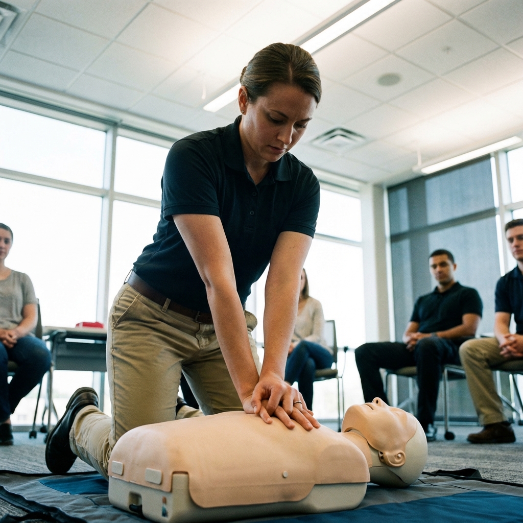 A professional photography of a first aid training session. A person is performing CPR on a mannequin with correct arm and hand positioning. Bright, balanced indoor lighting, high contrast. Focus on the technique and posture. No text, 1:1 aspect ratio.