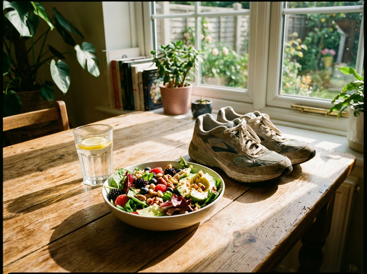 A lifestyle photograph featuring a bowl of fresh colorful salad, a glass of water, and a pair of running shoes on a wooden table. Natural sunlight streaming through a window. Represents a healthy heart lifestyle. Visually rich, no empty margins, no text. 4:3 aspect ratio.