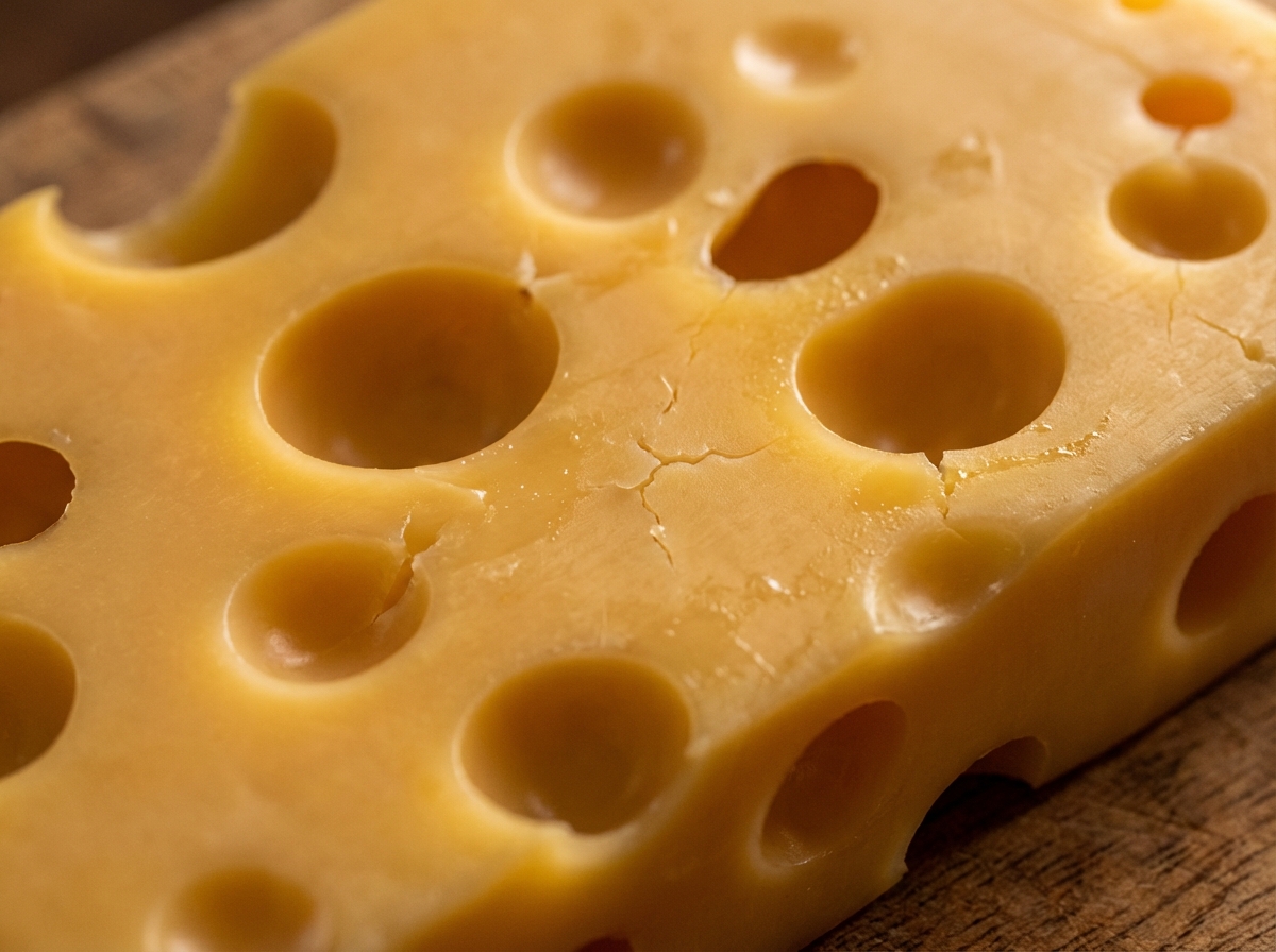 Detailed close up of Swiss cheese with large round holes yellow color warm lighting 4:3 ratio no text