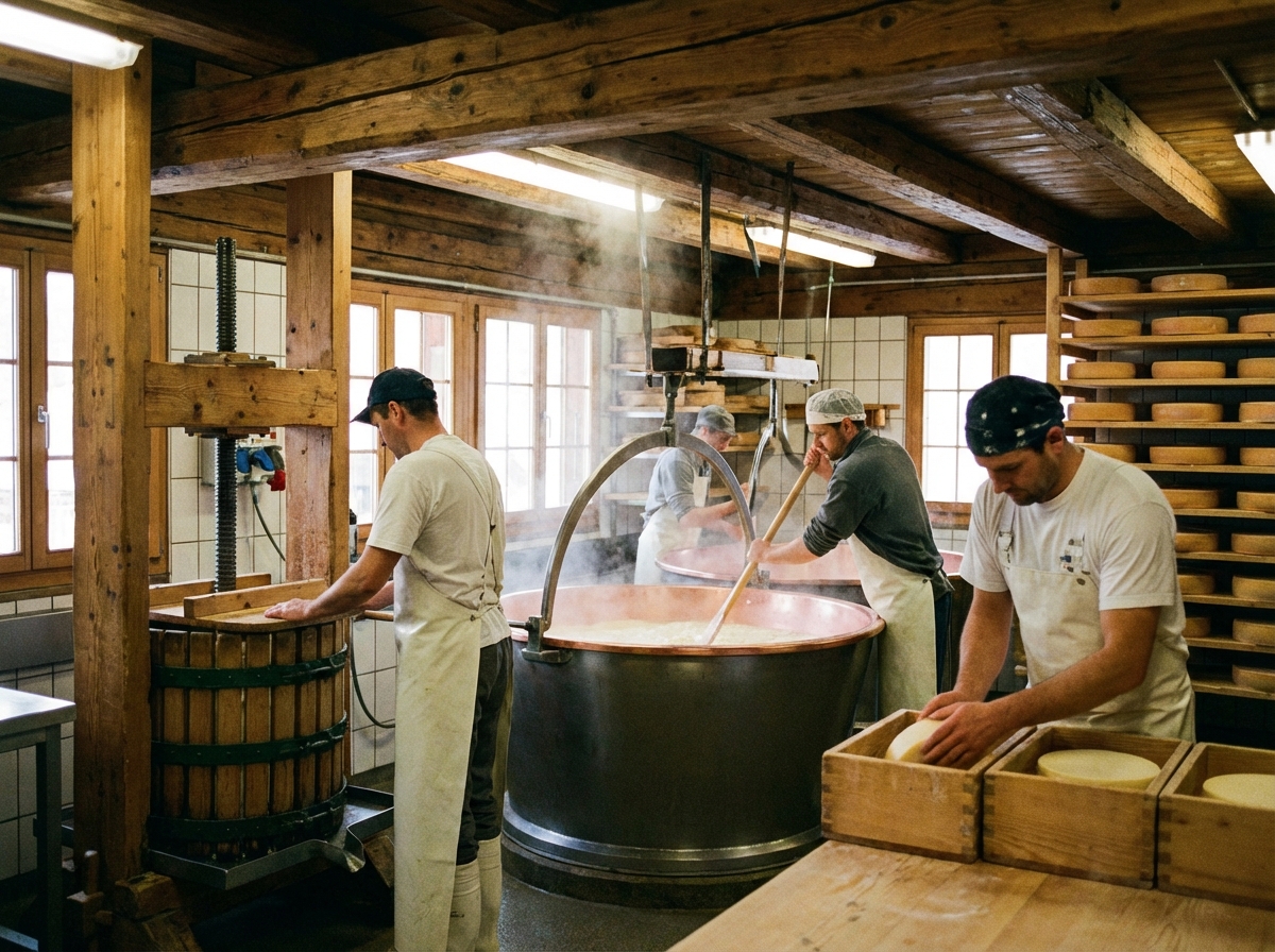 Traditional cheese making factory in Switzerland wooden tools professional setting 4:3 ratio no text