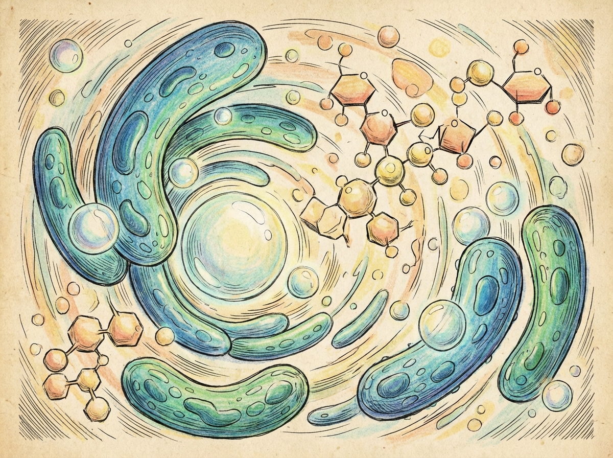 Microscopic illustration of bacteria fermenting lactose into carbon dioxide bubbles artistic rendering 4:3 ratio no text