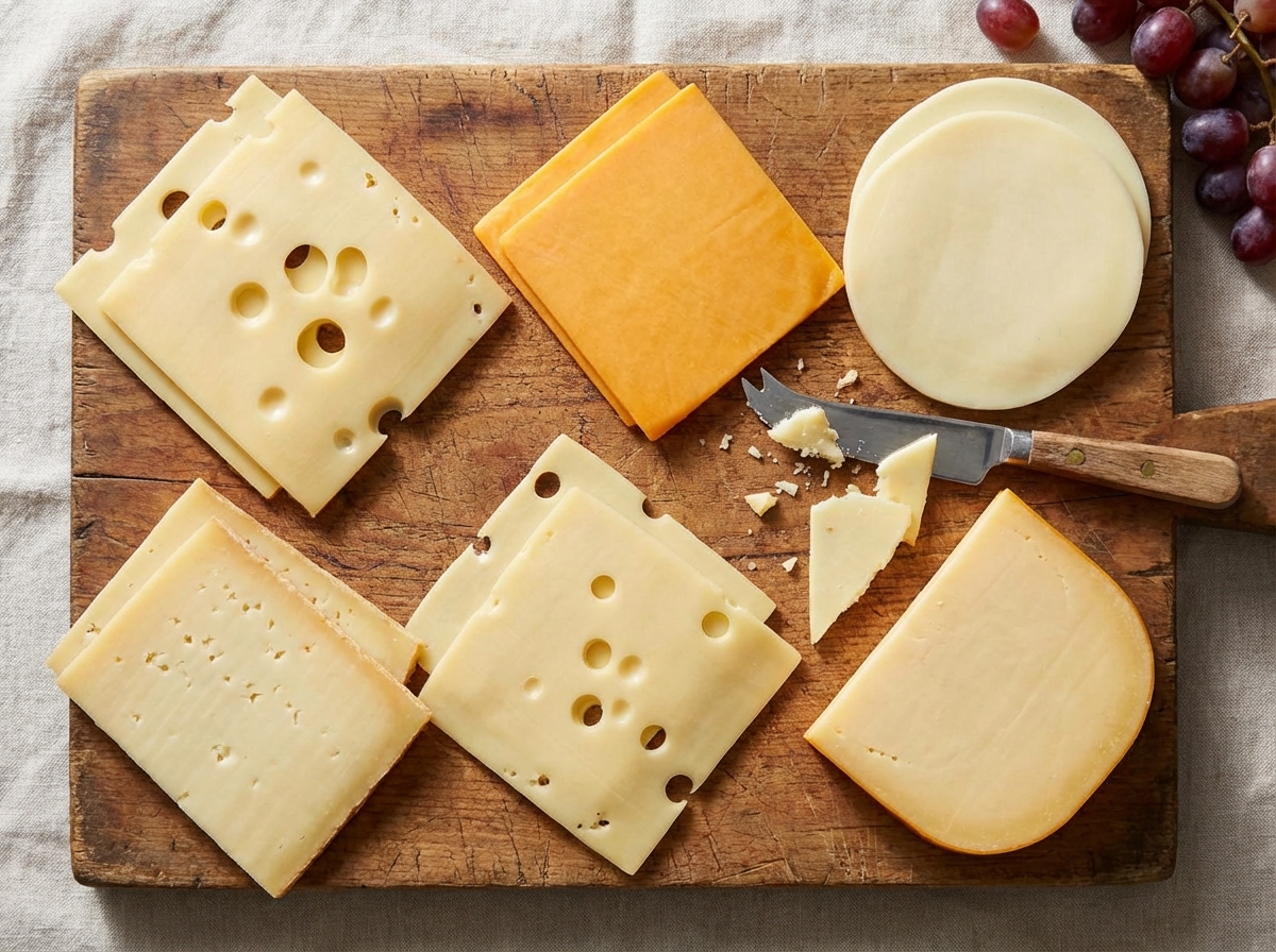 Comparison of different types of cheese slices on a wooden board some with holes some smooth 4:3 ratio no text
