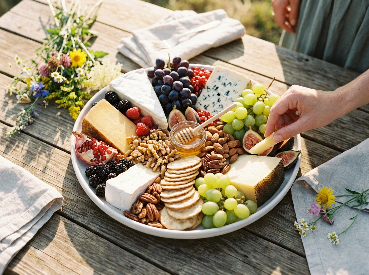 A delicious cheese platter with fruits and nuts natural sunlight lifestyle photography 4:3 ratio no text