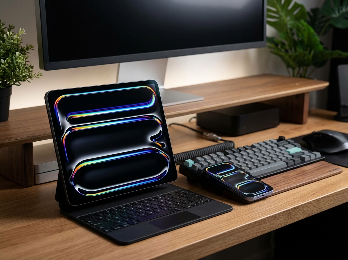 A sleek iPad and iPhone 16 Pro displaying a glowing colorful AI light around the edges, modern workspace setting, high resolution, 4:3 aspect ratio, no text.