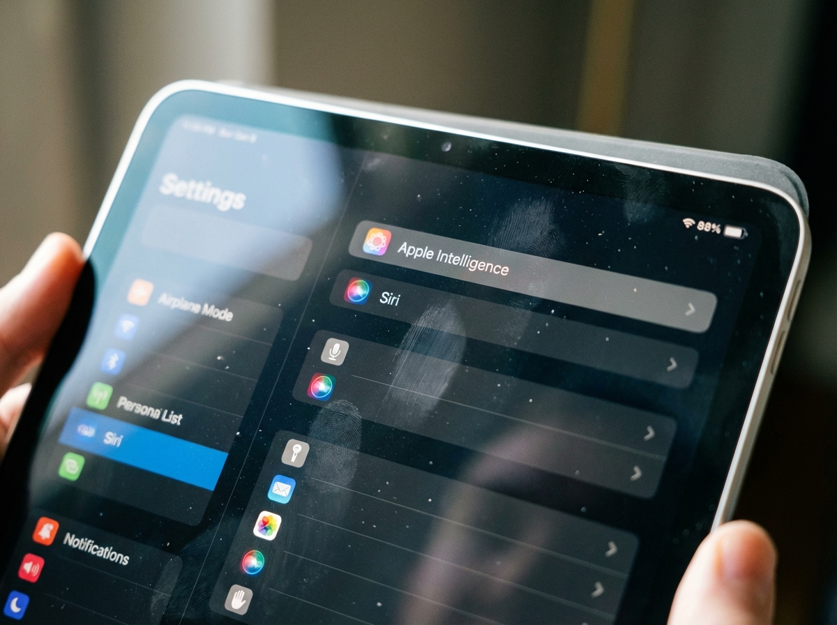 Close-up shot of an iPad screen showing the iOS settings menu with focus on Apple Intelligence and Siri options, realistic lighting, 4:3 aspect ratio, no visible text.