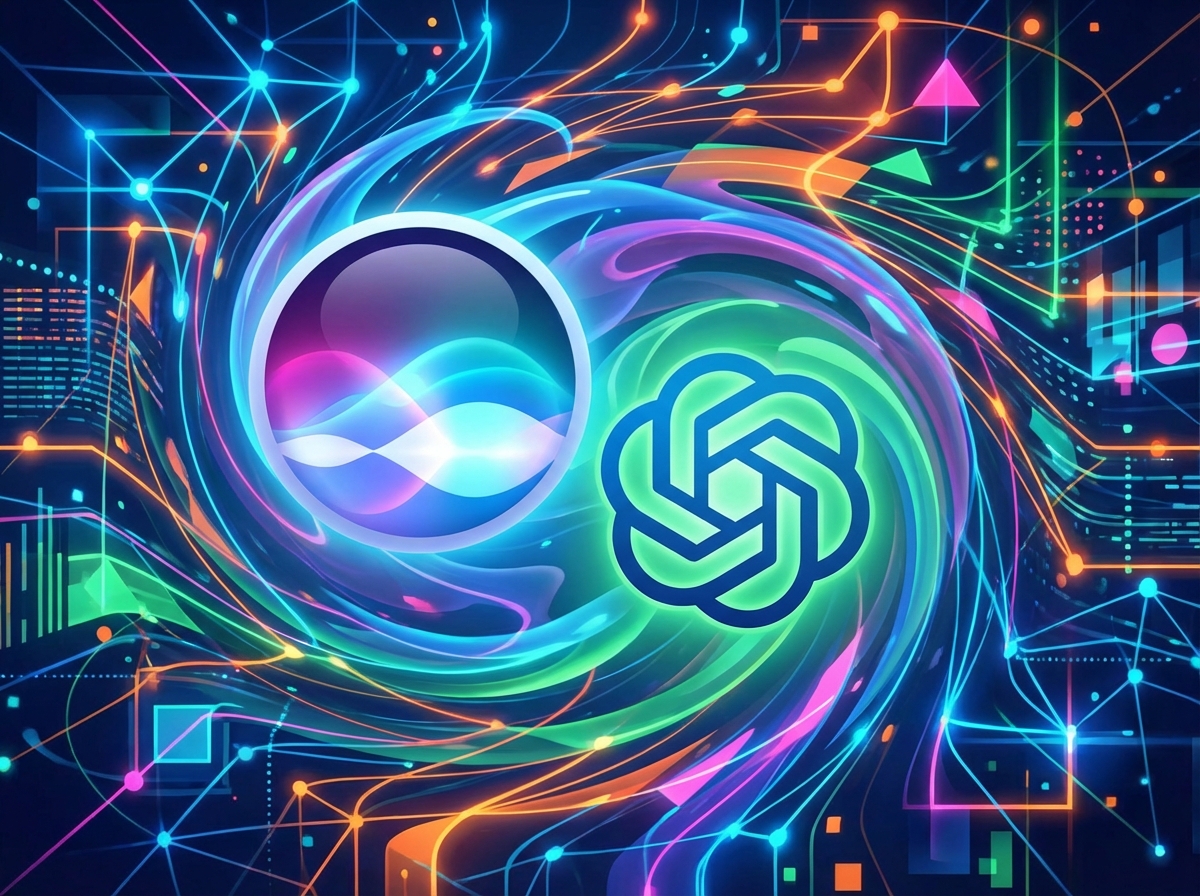 An illustration of a Siri orb merging with a ChatGPT logo, abstract digital network background, vibrant colors, 4:3 aspect ratio, no text.