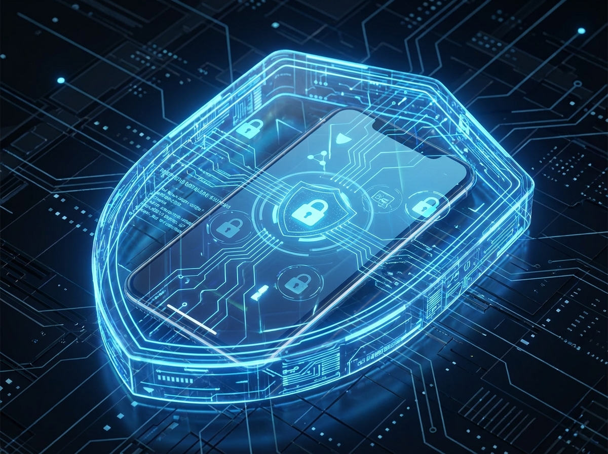 A digital shield protecting a smartphone, glowing blue lines, concept of privacy and data security, high tech aesthetics, 4:3 aspect ratio, no text.