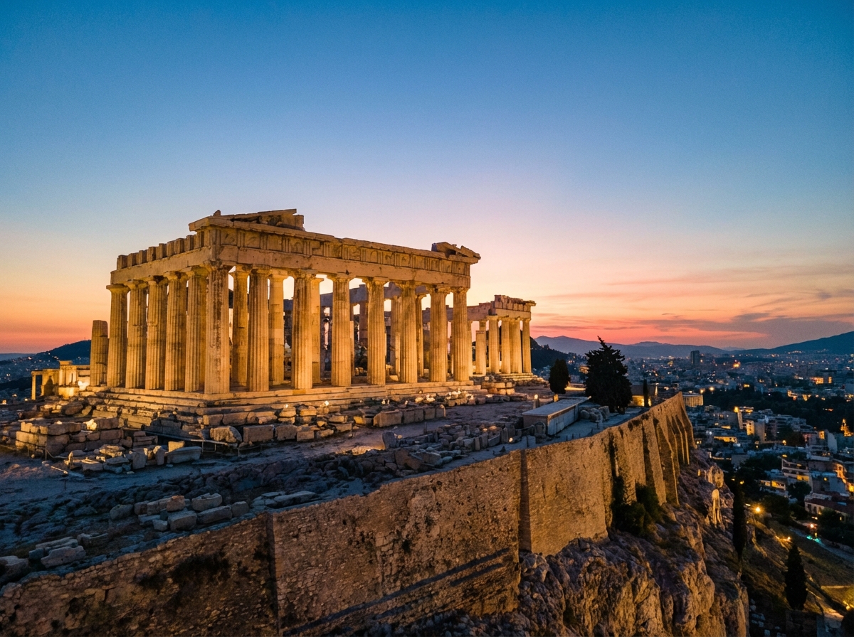 Ancient Parthenon temple on the Acropolis hill in Athens at sunset, majestic marble columns, clear blue sky, aspect ratio 4:3, no text
