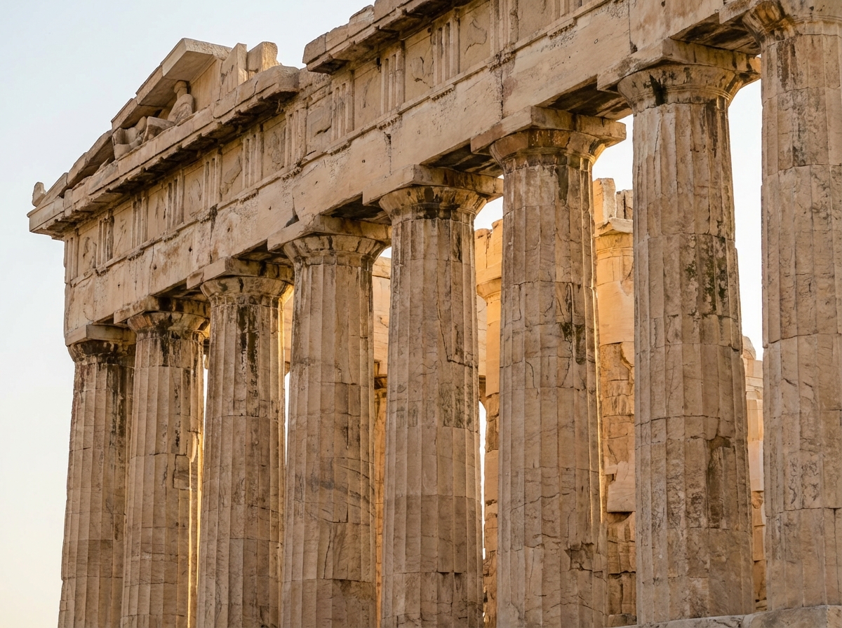 Close up of Doric columns of the Parthenon, detailed marble texture, ancient Greek architectural style, aspect ratio 4:3, no text