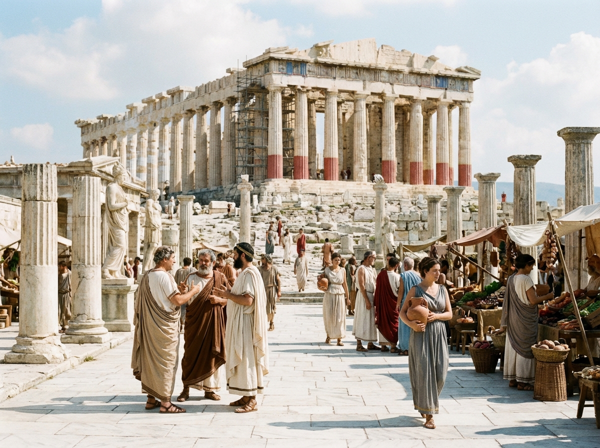 Ancient Greek citizens gathering in a marble plaza with the Parthenon in the background, classical clothing, historical atmosphere, aspect ratio 4:3, no text
